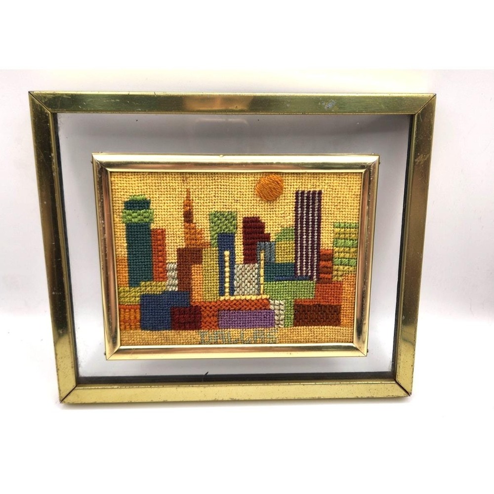 Mid Century Needlepoint Dallas Cityscape Framed Wall Art Tapestry Vintage 1970s
